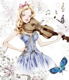 手绘原创小提琴女郎